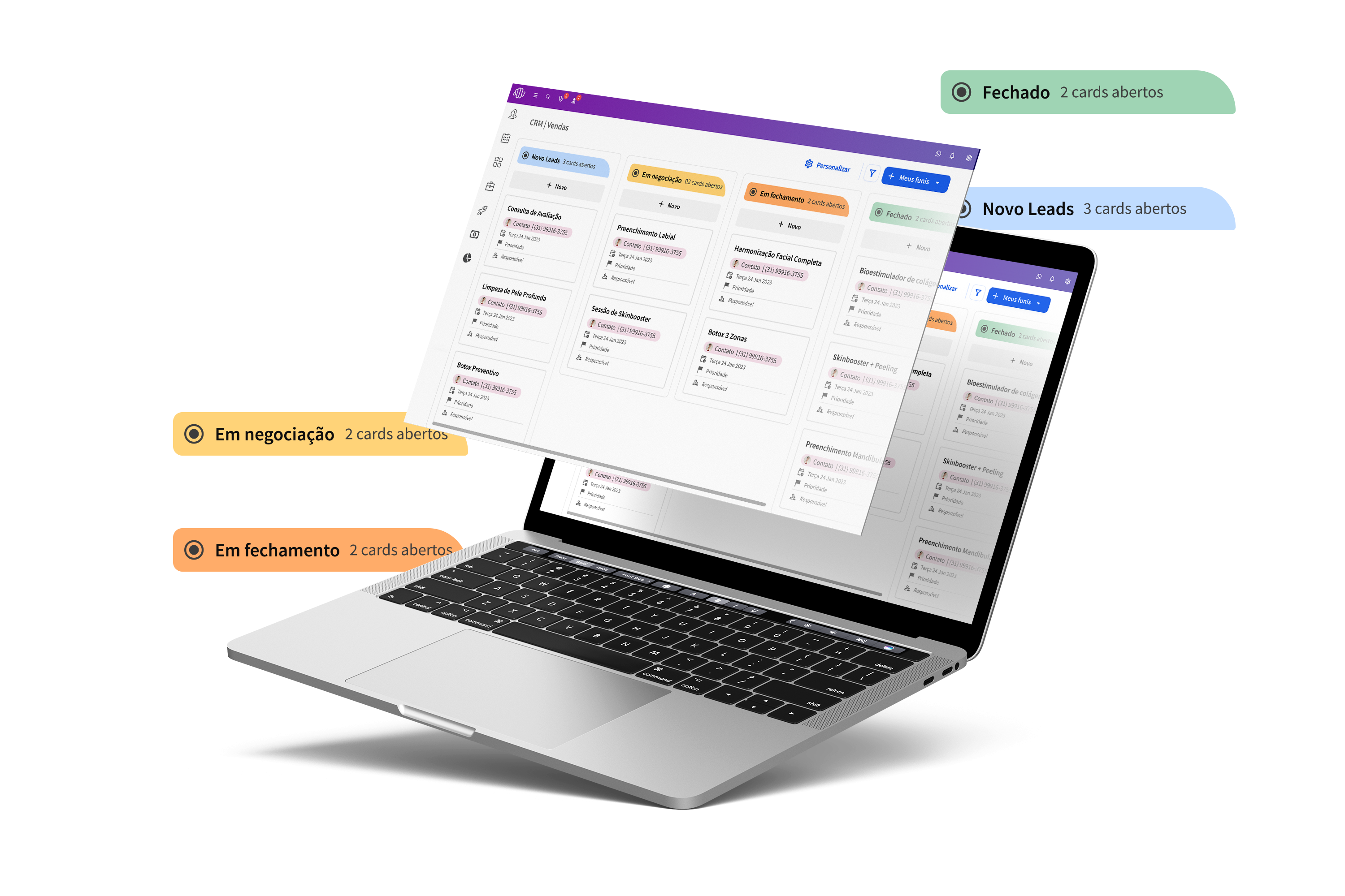 Tela do CRM da GestãoDS com funil visual de atendimento